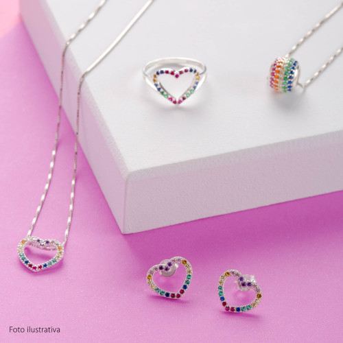 Brinco de Prata Coração Rainbow com zircônias coloridas