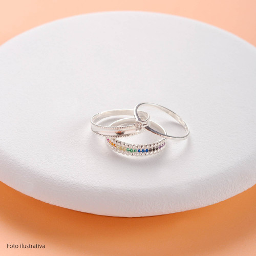 Anel de Prata Rainbow com Zircônias Colors e Bolinhas na Lateral