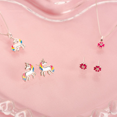 Colar de Prata Flor Rosa com Zircônia branca e resina 37cm