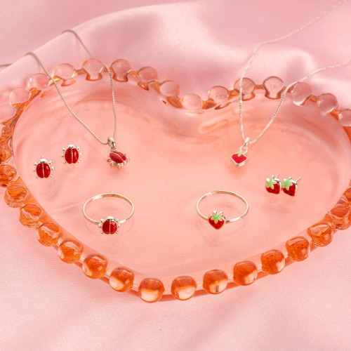 Anel de Prata Infantil Moranguinho com Resina