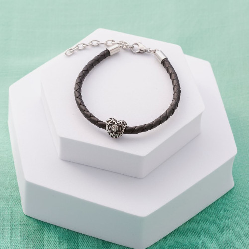 Pulseira Berloque de Aço e Corino Heart Coleção Steel Dreams