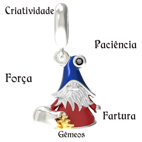 Berloque de Prata Gnomo do Signo de Gêmeos Link com  Resina