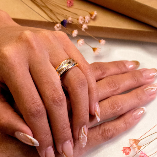 Aliança de Aço Troya Dupla Gold Ipg Dourado com Zircônias 8mm