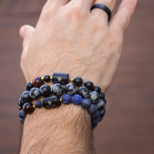 Pulseira Nordic Magna Pedra Sodalita Fosca 8mm e Obsidiana 10mm 20cm