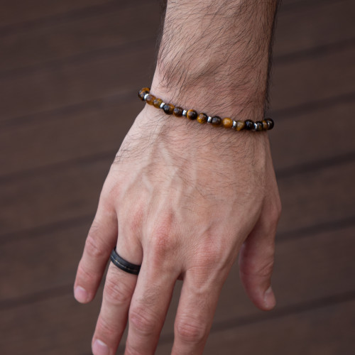 Pulseira Nordic Runa Pedra Olho de Tigre 6mm Aço 19cm+4cm