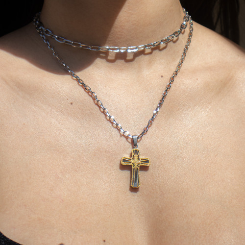 Pingente de Aço Cruz com GTR Dourada IPG 33x20mm