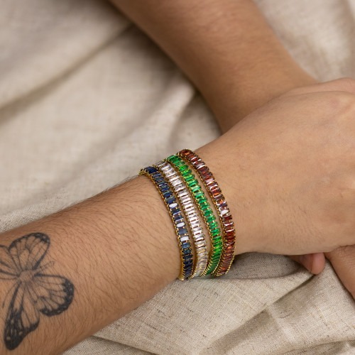 Pulseira de Aço Riviera Esmeralda Zircônia Baguete 16cm IPG