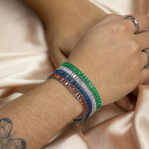 Pulseira de Aço Riviera Safira Zircônia Baguete 16cm