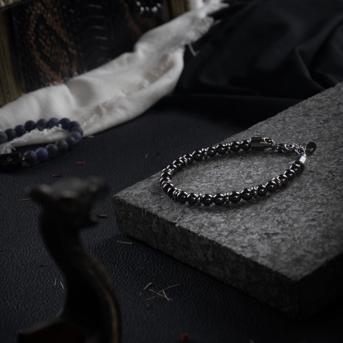 Pulseira Nórdic Gunnar Pedra Hematita e Aço 6mm 19cm+4cm