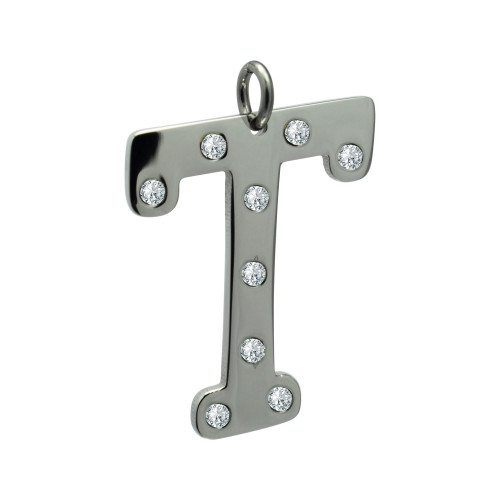 Pingente de Aço Letra T com Zircônia