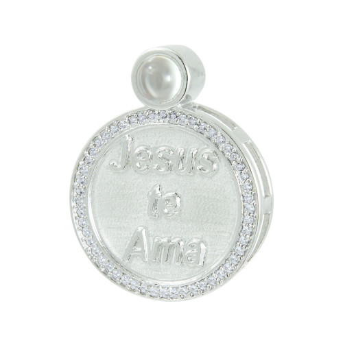 Pingente de Prata Neo Crystal com ródio e zircônias Brancas Jesus Te Ama Oração  Santo Anjo
