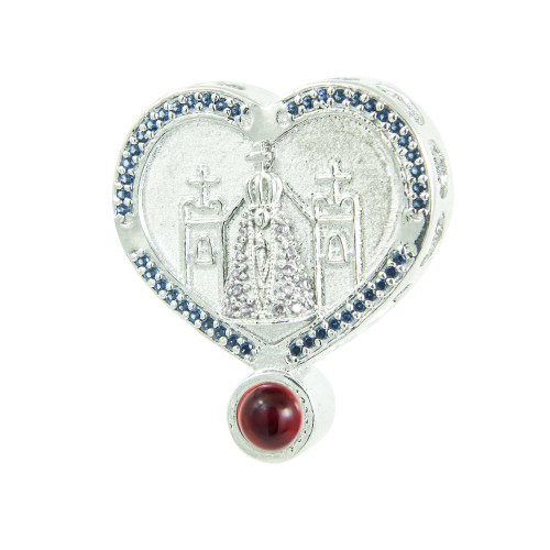 Pingente de Prata Neo Crystal Coração NSra Aparecida com zircônia Azul Lente Amor em 100 Idiomas
