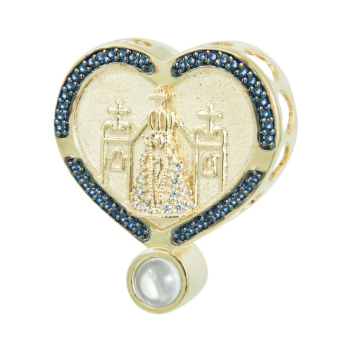 Pingente de Prata Neo Crystal Coração NSra Aparecida com Zircônias Azuis Revestida com Ouro 18k Lente Meu Amor