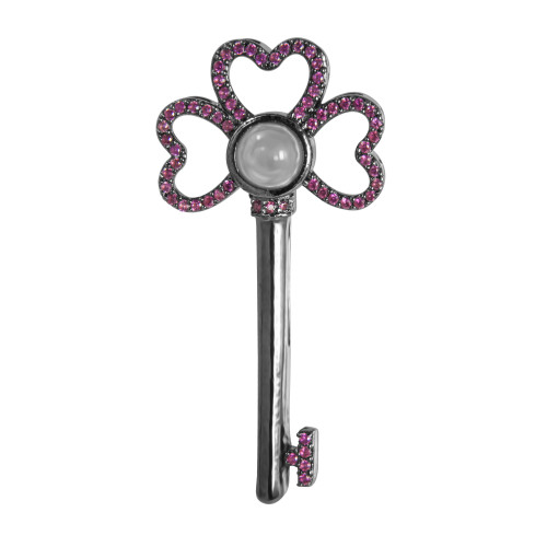 Pingente Prata Neo Crystal Chave com Zircônias Pink e Ródio Negro Lente Declaração de Amor.