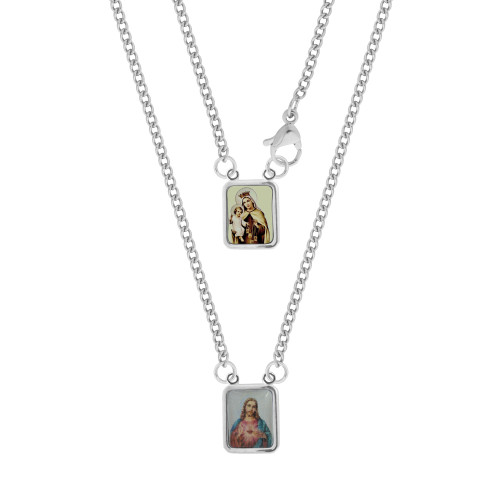 Escapulário de Aço Nossa Sra do Carmo e Sagrado Coração de Jesus com Resina 11x9mm 45cm
