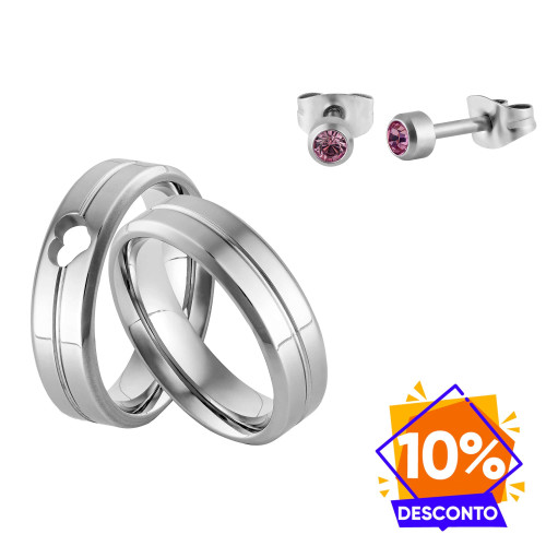 Par de Alianças de Aço  Amore e Vita 6mm e Brinco 4mm
