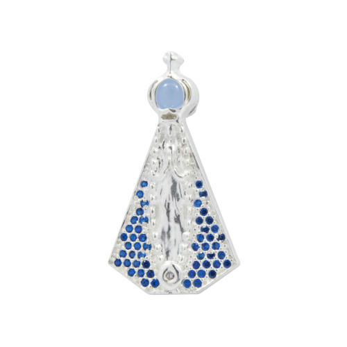 Colar de Prata Neo Crystal N. Sra. Aparecida Lente Azul e Oração a Nsra Aparecida