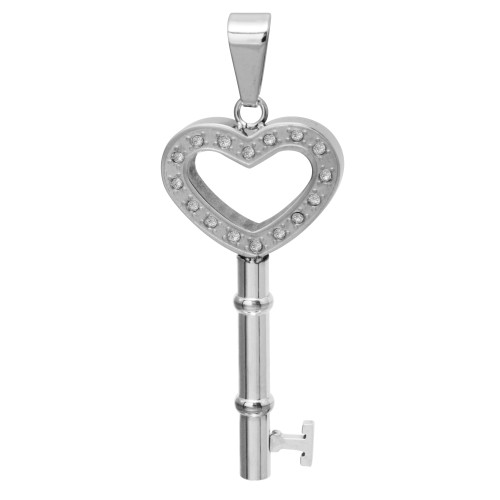 Pingente Aço Chave Coração com Zircônia 47x21mm