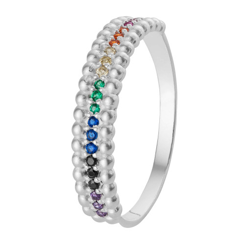 Anel de Prata Rainbow com Zircônias Colors e Bolinhas na Lateral