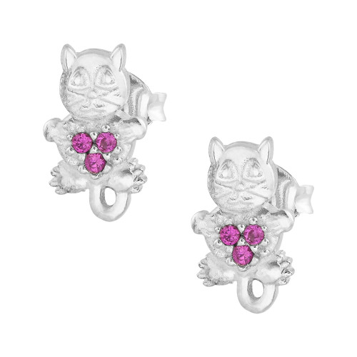 Brinco de Prata Gato com Zircônia Vermelha 11x6mm