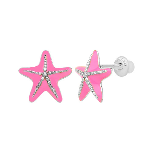 Brinco de Prata Infantil Estrela do Mar com Resina Rosa 8.60x8.80mm