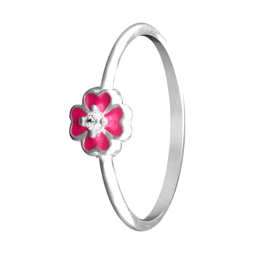 Anel de Prata Infantil Flor Pink com Zircônia e Resina