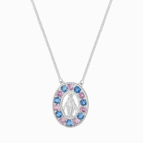 Colar de Prata Nossa Sra. Das Graças com Zircônias Azuis e Lilás  20x16mm