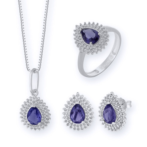 Conjunto de Prata Coleção Queens Cristal Tanzanita 5x7 e Zircônias brancas.