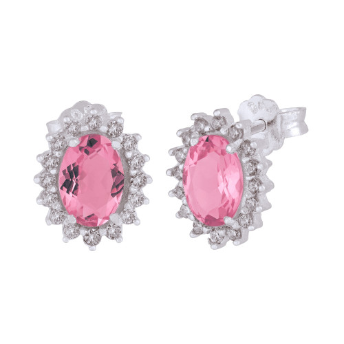 Brinco de Prata Coleção Queens Safira Rosa 5x7 e Zircônias Brancas