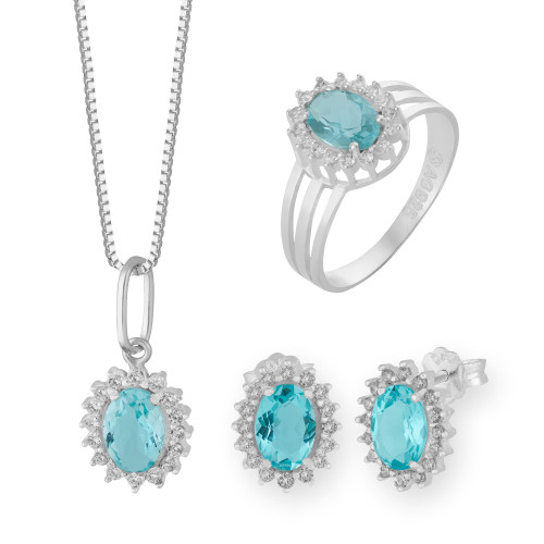 Conjunto de Prata Coleção Queens Cristal Topázio Sky 5x7 e Zircônias Brancas