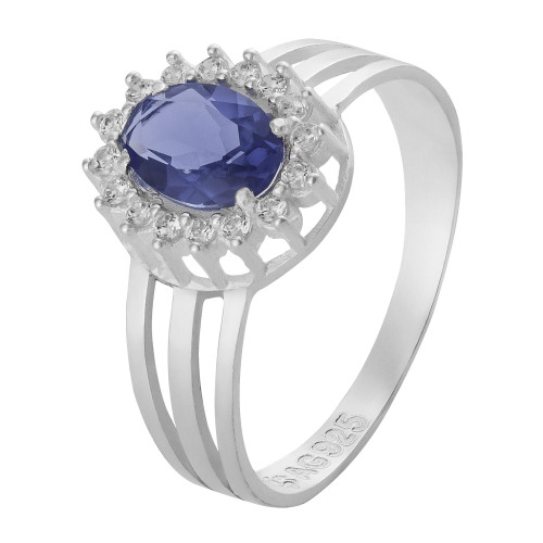 Anel de Prata Coleção Queens Cristal Tanzanita 5x7 e Zircônias Brancas