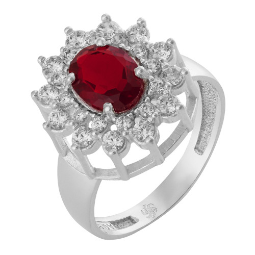 Anel de Prata Coleção Queens Cristal Rubi 6x8 e zircônias Brancas