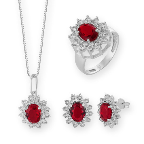 Conjunto de Prata Coleção Queens Cristal Rubi 6x8 e Zircônias Brancas