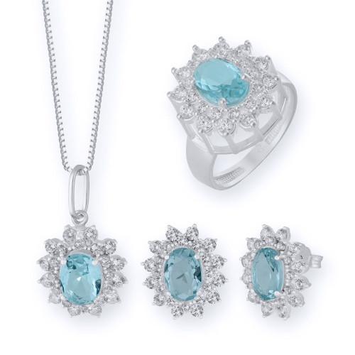 Conjunto de Prata Coleção Queens cristal Topázio Sky 6x8 e Zircônias