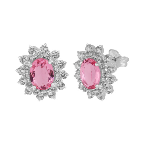 Brinco de Prata Coleção Queens Cristal Safira Rosa 6x8 e Zircônias Brancas