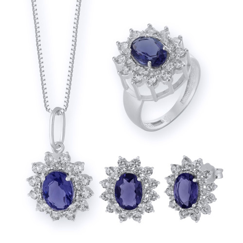 Conjunto de Prata Coleção Queens Cristal Tanzanita 6x8 e Zircônias Brancas