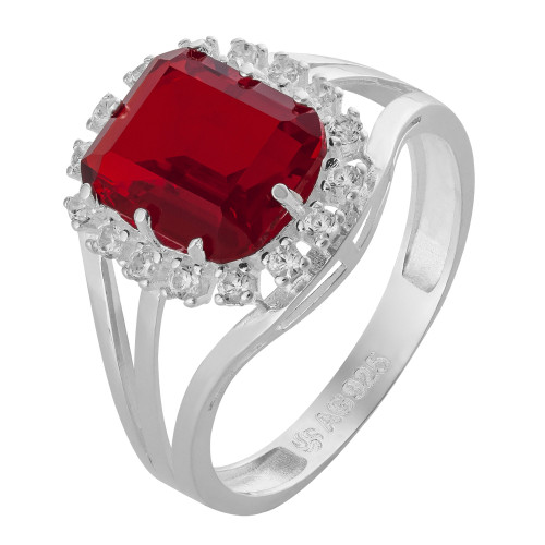 Anel de Prata Coleção Queens Cristal Safira Rubi 8x10 e Zircônias Brancas