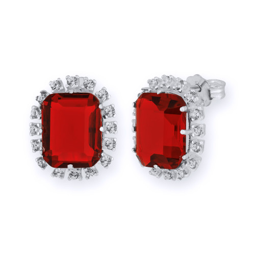 Brinco de Prata Coleção Queens Cristal Safira Rubi 8x10 e Zircônias Brancas