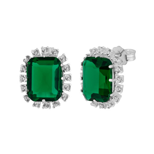 Brinco de Prata Coleção Queens Cristal Esmeralda 8x10 e Zircônias Brancas