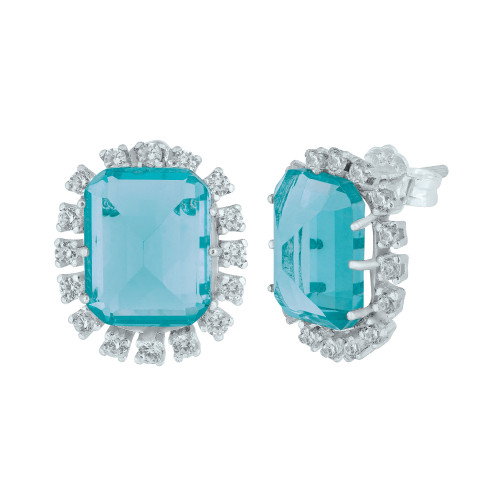 Brinco de Prata Coleção Queens Cristal Topázio Sky 8x10 e Zircônias Brancas