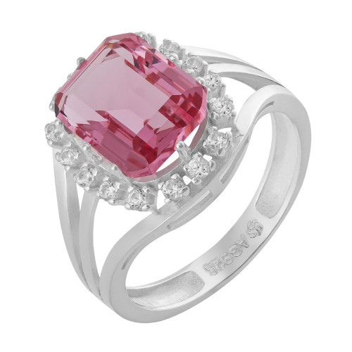 Anel de Prata Coleção Queens Cristal Safira Rosa 8x10 e Zircônias Brancas