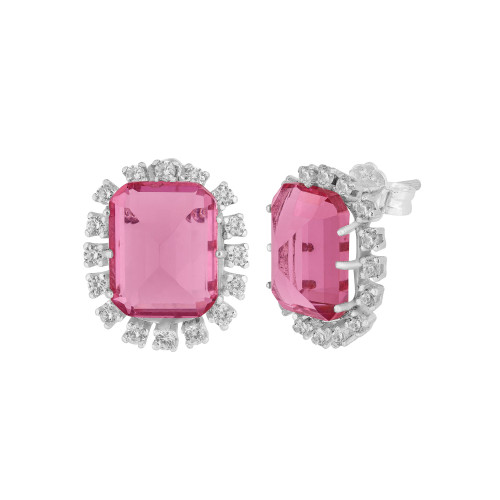 Brinco de Prata Coleção Queens Cristal Safira Rosa 8x10 e Zircônias Brancas