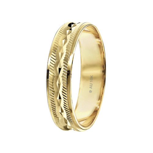 Aliança de Ouro 10k Reta com Riscos Diagonais e Diamantado Central L5mm E1mm