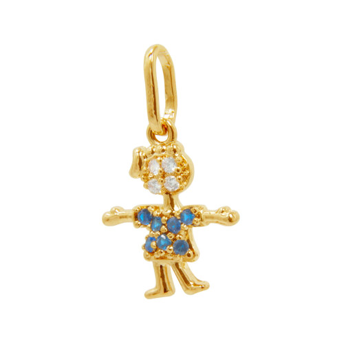 Pingente de Prata Menina com Zircônia Branca e Azul 14x12mm Revestida com Ouro 18k