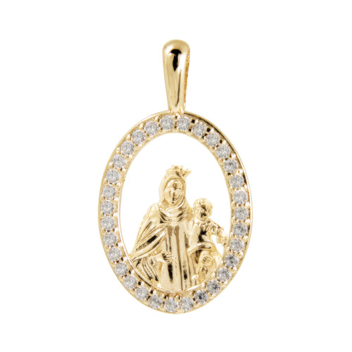 Pingente de Prata NSra do Carmo Revestida com Ouro 18k e Zircônia Swarovski 24x14mm