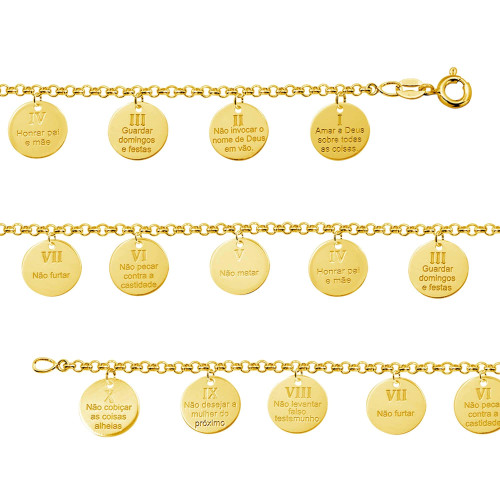 Pulseira de Prata Dez Mandamentos Revestida com Ouro 18k 18cm
