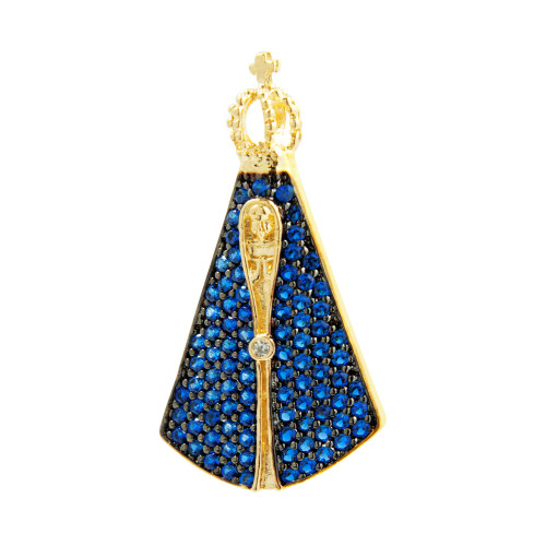 Pingente de Prata NSra Aparecida com Zircônia azul Revestida com Ouro 18k 31x11mm
