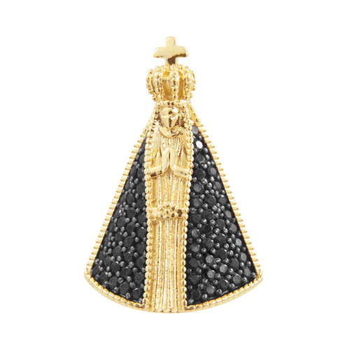 Pingente de Prata NSra. Aparecida Revestida Ouro 18k com Zircônia Black 26mm