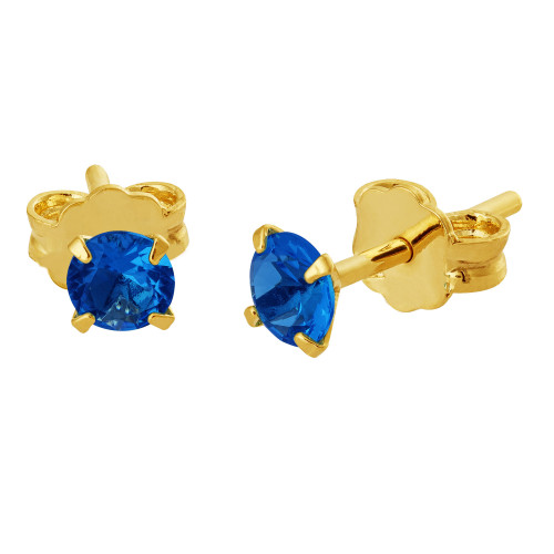 Brinco de Prata Ponto de Luz Zircônia Azul Revestido com Ouro 18k 4mm