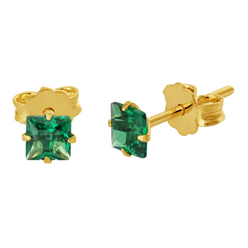 Brinco de Prata Solitário Zircônia Verde Carré Revestido com Ouro 18k 4mm